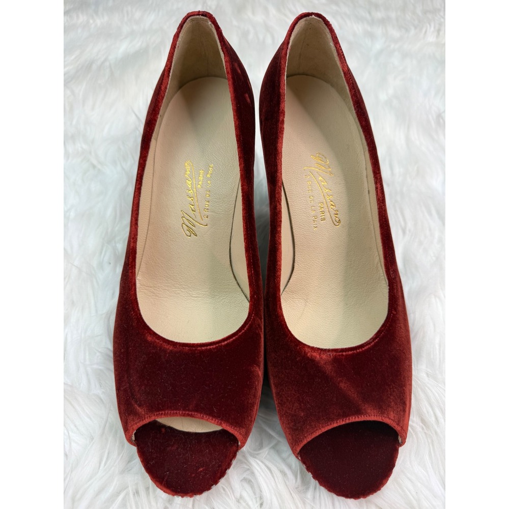 Vintage VTG Massaro Paris Custom Rust Red Velvet Peep Toe Heels Approx. 9 1/2 US